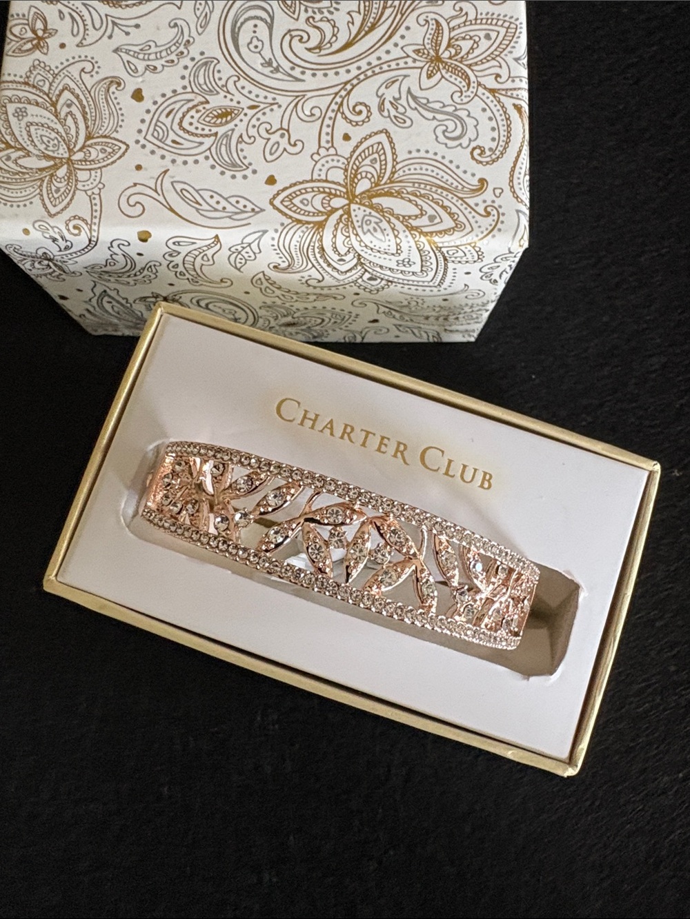 Charter Club Rose Gold Leaf Filigree Crystal Bracelet